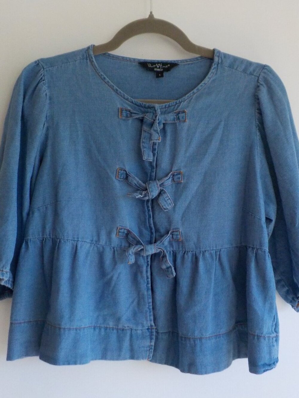 Velvet Heart Blouse - Small - Blue Denim Short Sleeve Tie Boho Cropped (818)